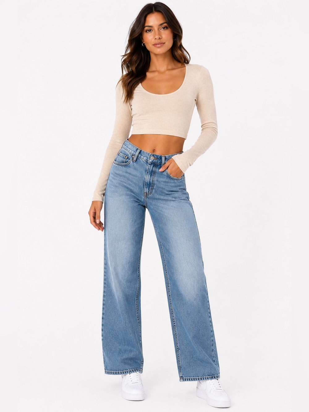 Bo&Tee Ribbed Long Sleeve Crop Top Marl Oat Size Small NWT